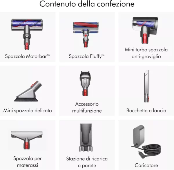 Dyson V8 Absolute™ Aspirapolvere senza filo – 115 AW,40 minuti di autonomia,Spazzola Motorbar anti groviglio, Spazzola a rullo morbido,bocchetta a lancia,stazione di ricarica a muro,Argento/Giallo - immagine 3