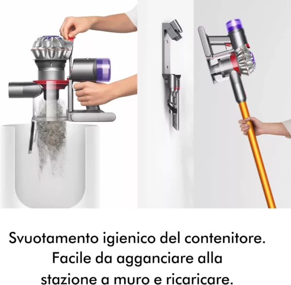 Dyson V8 Absolute™ Aspirapolvere senza filo – 115 AW,40 minuti di autonomia,Spazzola Motorbar anti groviglio, Spazzola a rullo morbido,bocchetta a lancia,stazione di ricarica a muro,Argento/Giallo - immagine 5