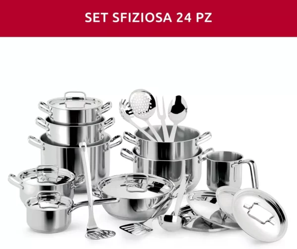 Lagostina Sfiziosa Set di Pentole Induzione, Gas e Forno in Acciaio Inox 18/10, 24 Pezzi, Fondo Lagoseal Plus, con 5 Casseruole, 3 Pentole, Bollilatte, 8 Coperchi, 7 Utensili Cucina - immagine 2