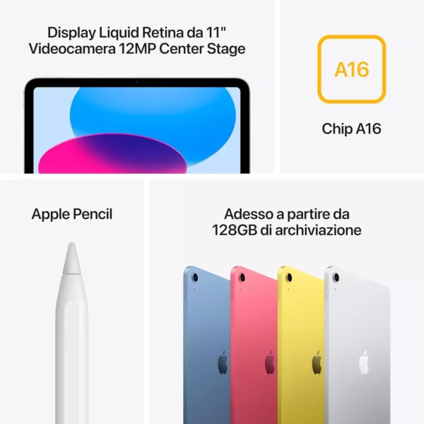 Apple iPad con chip A16: display Liquid Retina da 11'', 128 GB, Wi Fi 6, fotocamera frontale e posteriore da 12MP, Touch ID, autonomia di un giorno intero di batteria — Argento - immagine 4